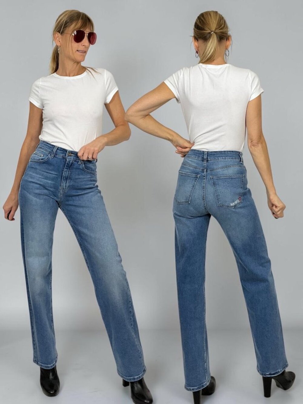 DJERF AVENUE Straight Jean 25 Mid Blue High Rise